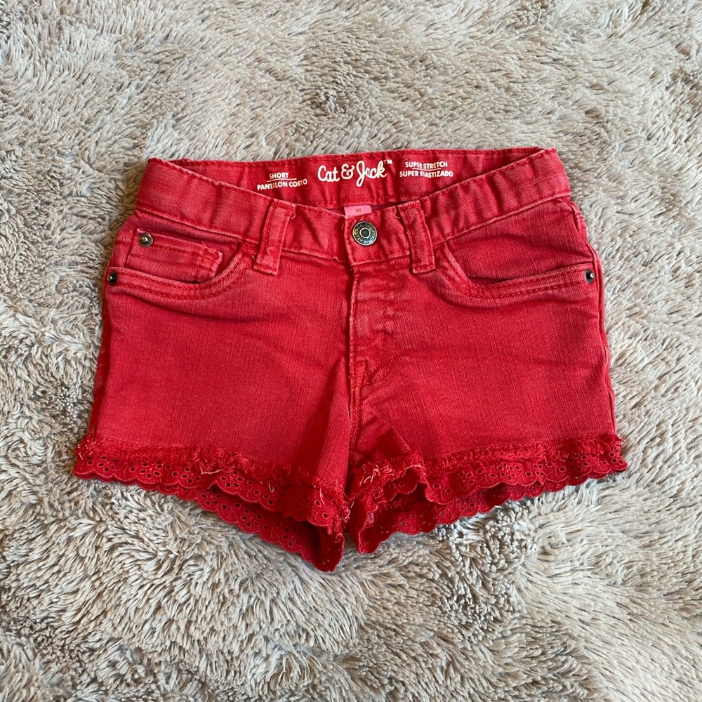 Cat & Jack Red Denim Shorts With Red Lace Trim